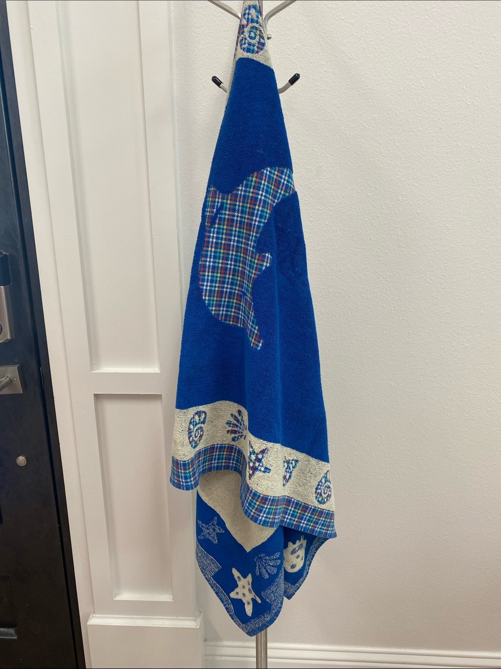 Vtg Beach Towel Dolphin Blue Plaid  Seashells Accent Nautical Cotton Beach Towel